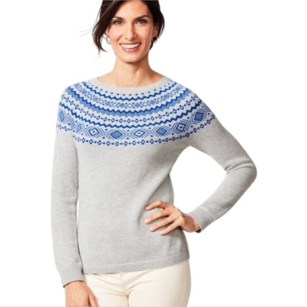 Talbots Grey & Blue Fair Isle Crewneck Sweater Size Medium Petite